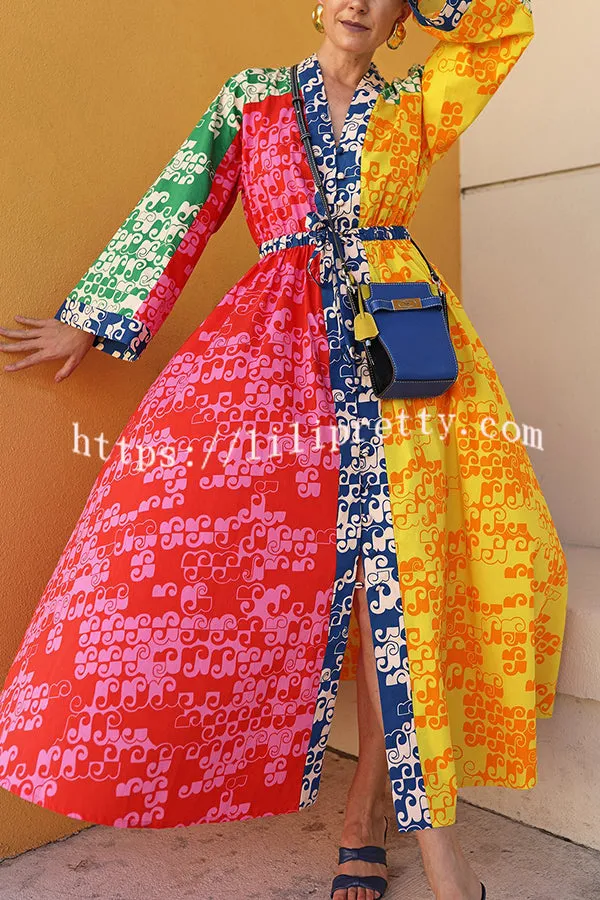 Dreaming of Vacation Printed Patchwork Drawstring Waist Kimono Maxi Dress