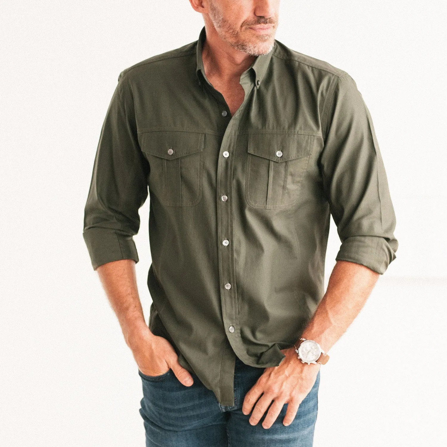 Editor Shirt – Olive Green Stretch Cotton Poplin