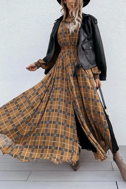 Emprie Waist Plaid Long Sleeve  Maxi Dress