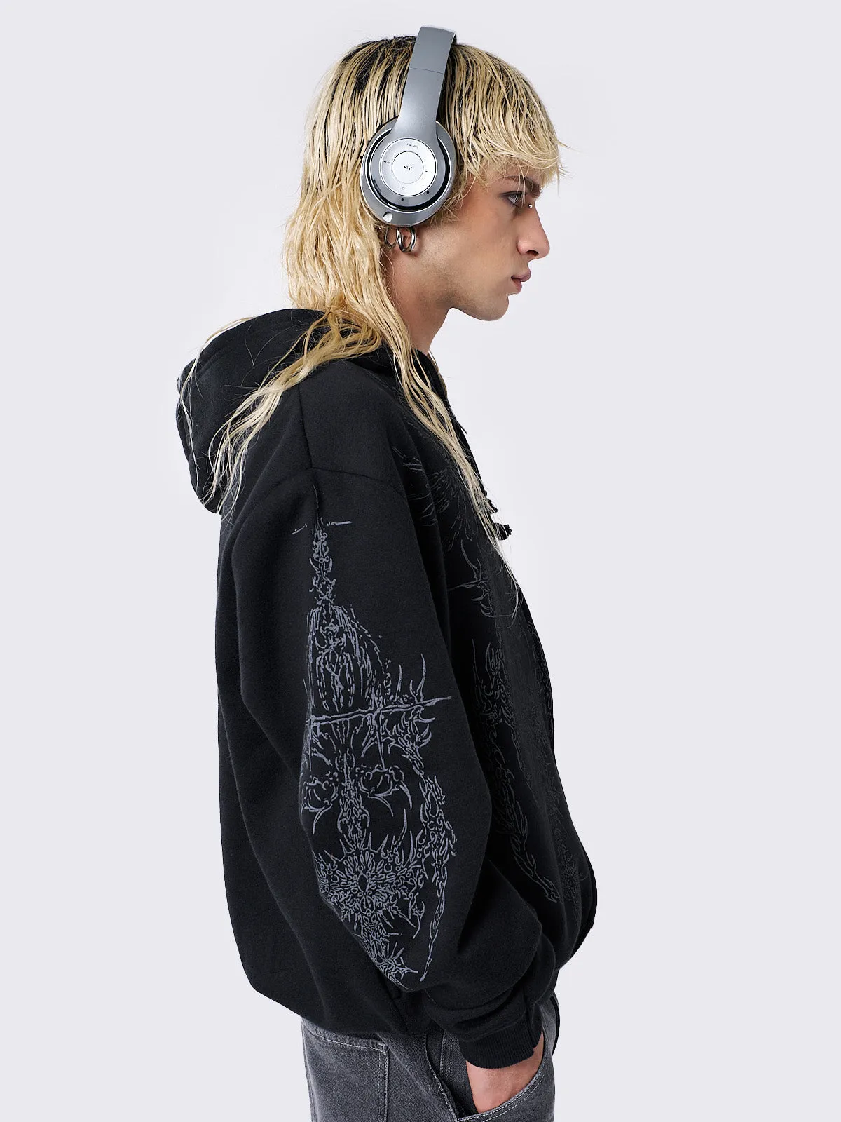 Enigmatic Black Oversized Zip Up Hoodie