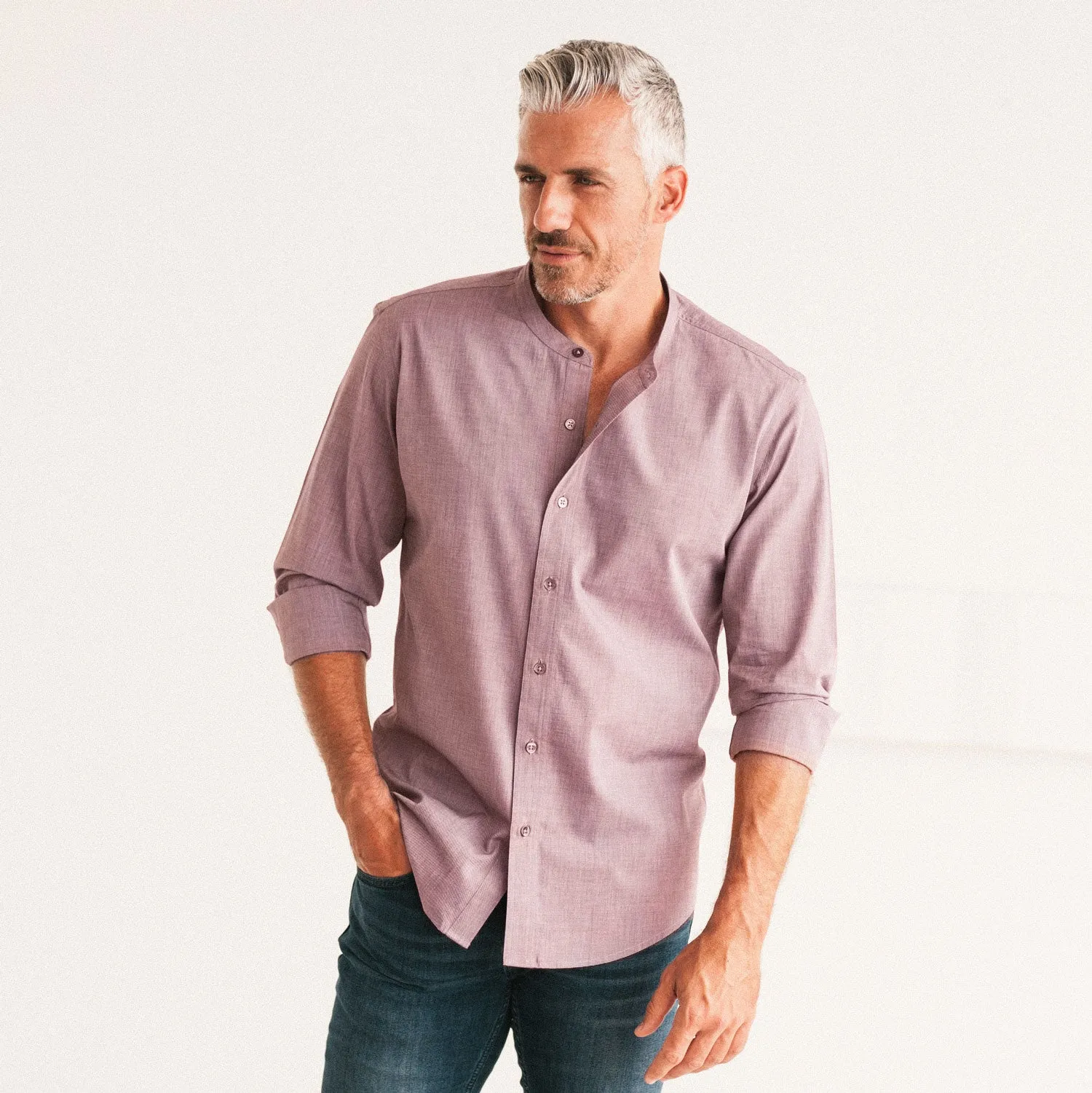 Essential Band Collar Button Down Shirt - Currant Cotton End-on-end