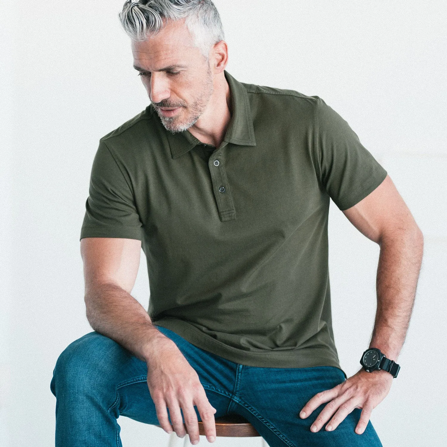 Essential Short Sleeve Polo Shirt –  Olive Green Cotton Jersey