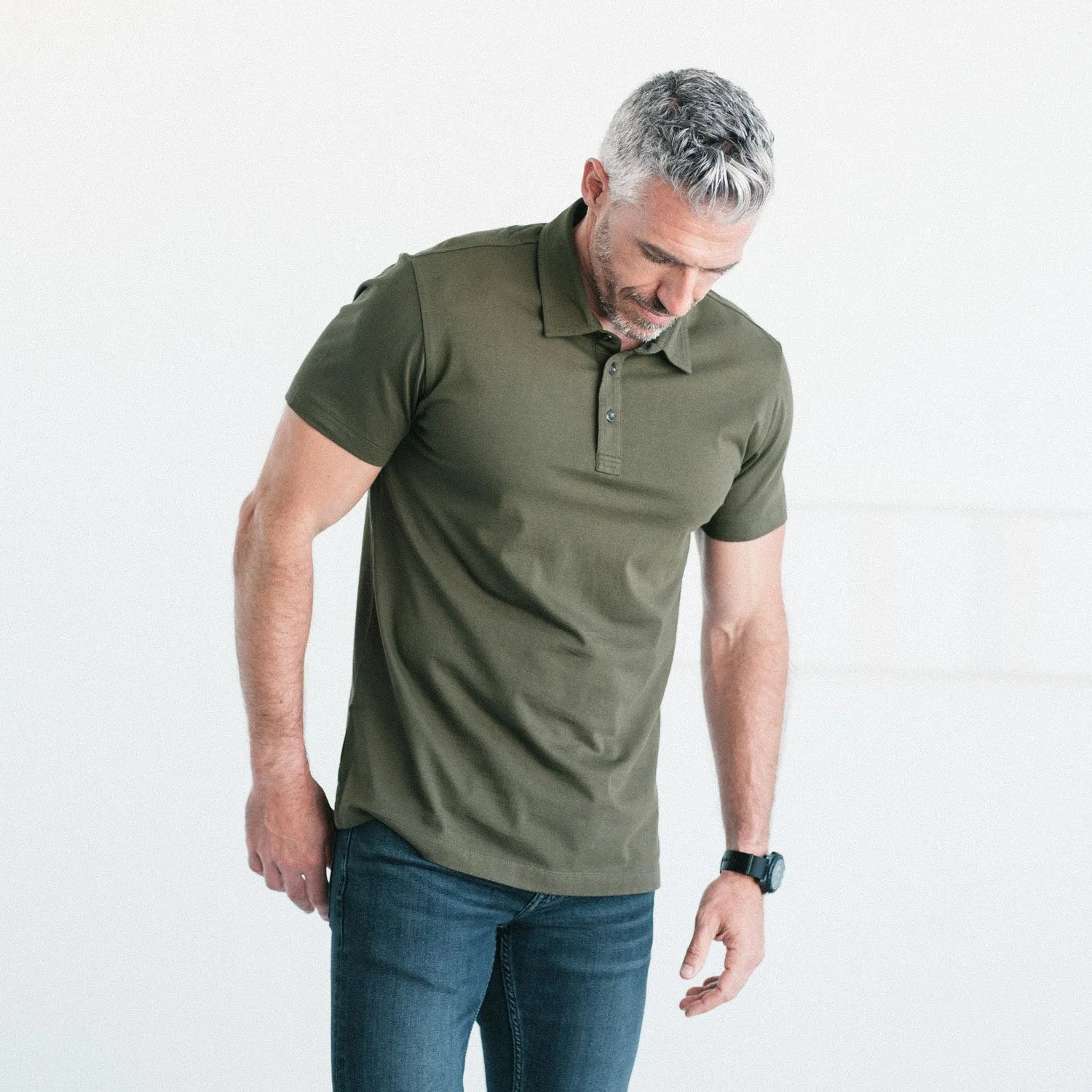 Essential Short Sleeve Polo Shirt –  Olive Green Cotton Jersey