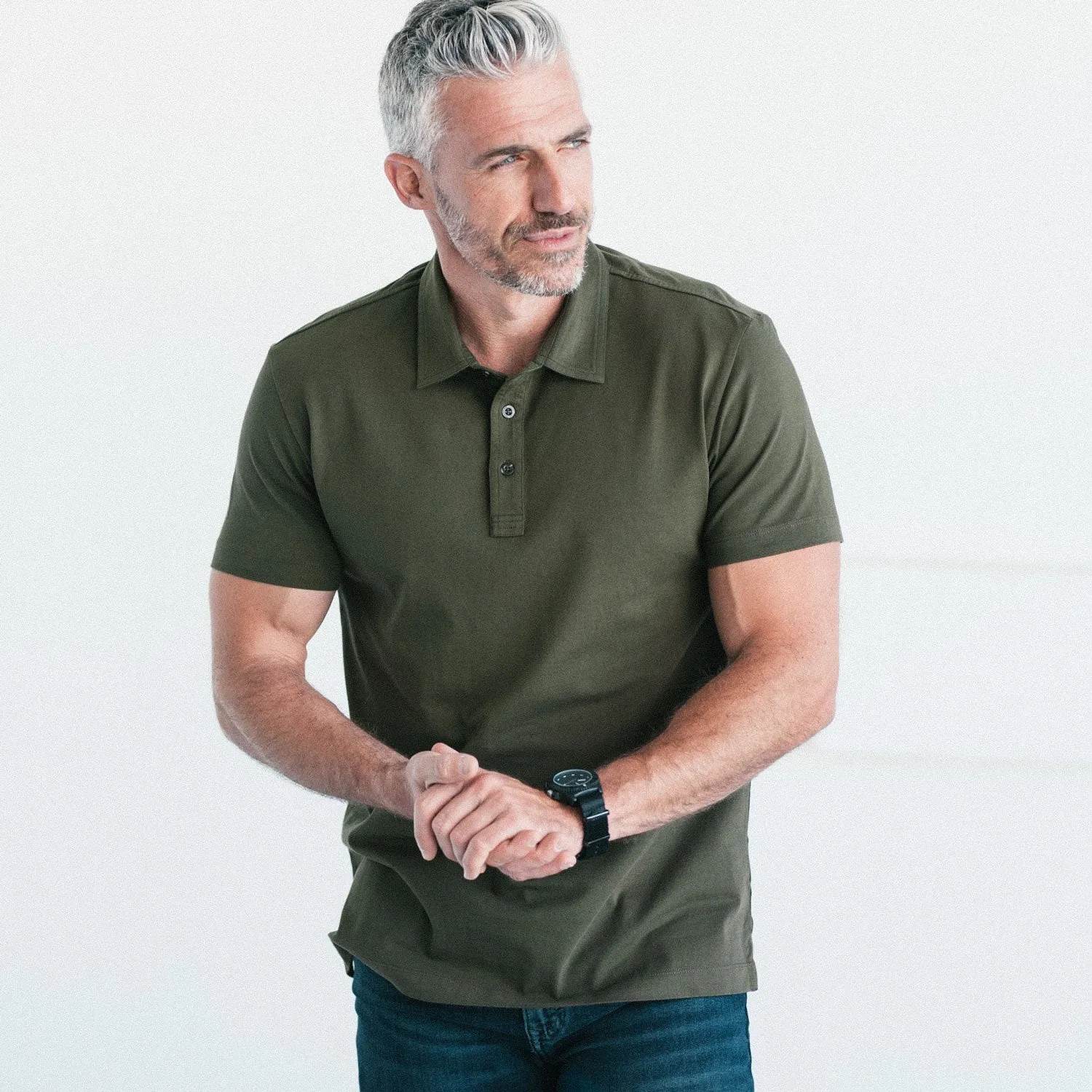 Essential Short Sleeve Polo Shirt –  Olive Green Cotton Jersey