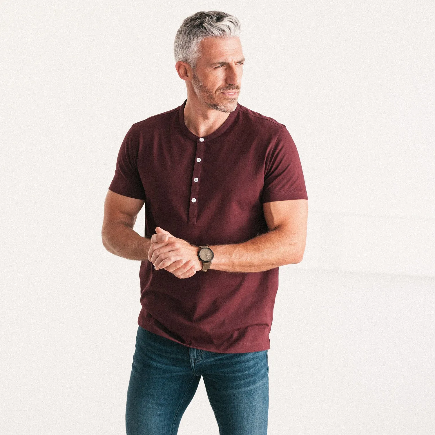 Essential WB Short Sleeve Henley Shirt –  Burgundy Cotton Jersey