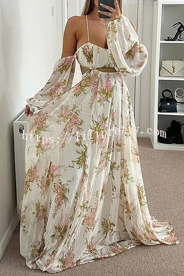 Everlasting Love Floral Print Cold Shoulder Cutout Open Back Maxi Dress