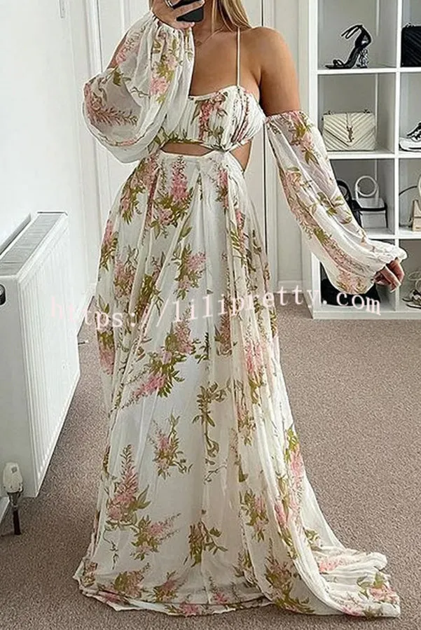 Everlasting Love Floral Print Cold Shoulder Cutout Open Back Maxi Dress