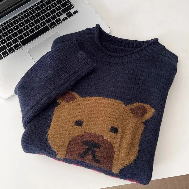 Fashionable casual cartoon bear jacquard round neck long-sleeved knitted sweater    S4743