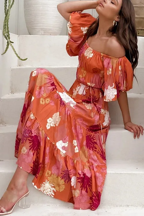 Floral Off Shoulder Shirring Maxi Dress