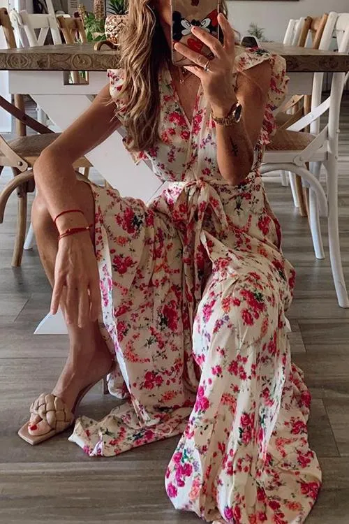 Floral Print Ruffles Maxi Wrap Dress