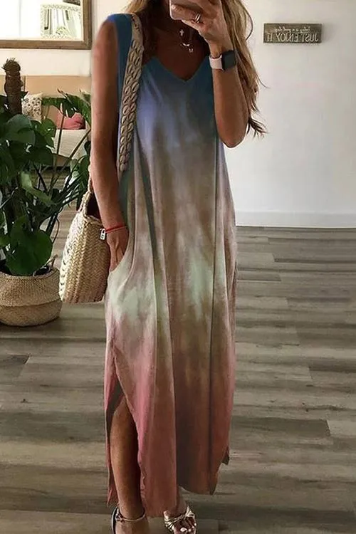 Gradient V Neck Pockets Slit Maxi Dress