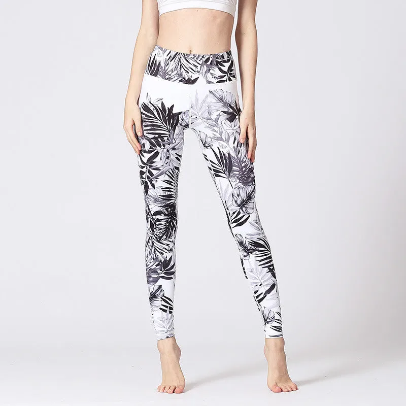 Jungle series leaf print yoga pants quick-drying stretch fitness branch print pants