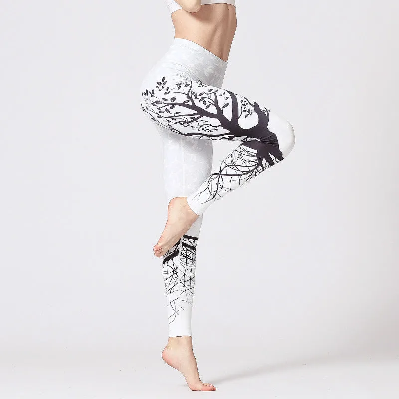 Jungle series leaf print yoga pants quick-drying stretch fitness branch print pants