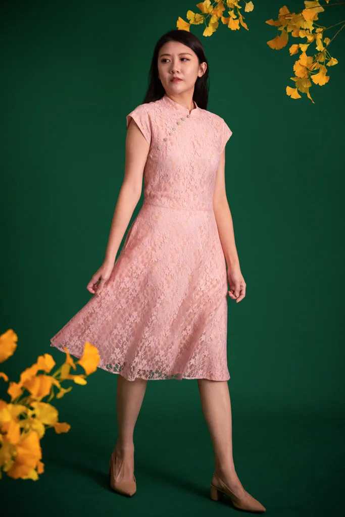 Ladies Holly Cheongsam - Pink Gold Lace