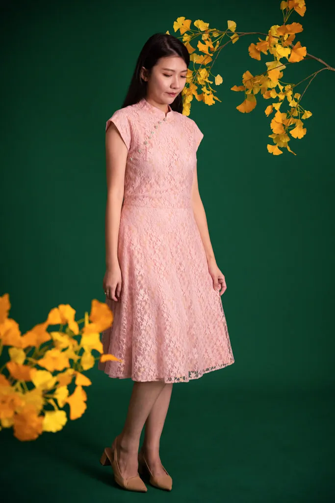 Ladies Holly Cheongsam - Pink Gold Lace