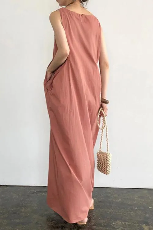 Linen Deep Pockets Sleeveless Maxi Dress