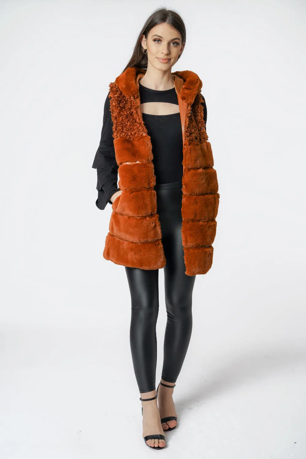 Mixed Fur Hooded Long Gilet