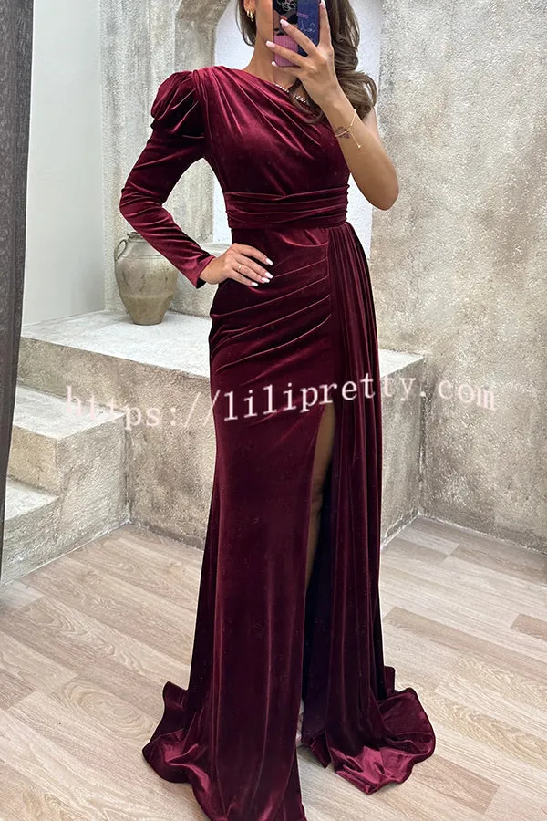 Mysterious Lady Velvet One Shoulder Sequin Trim Ruched Slit Maxi Dress