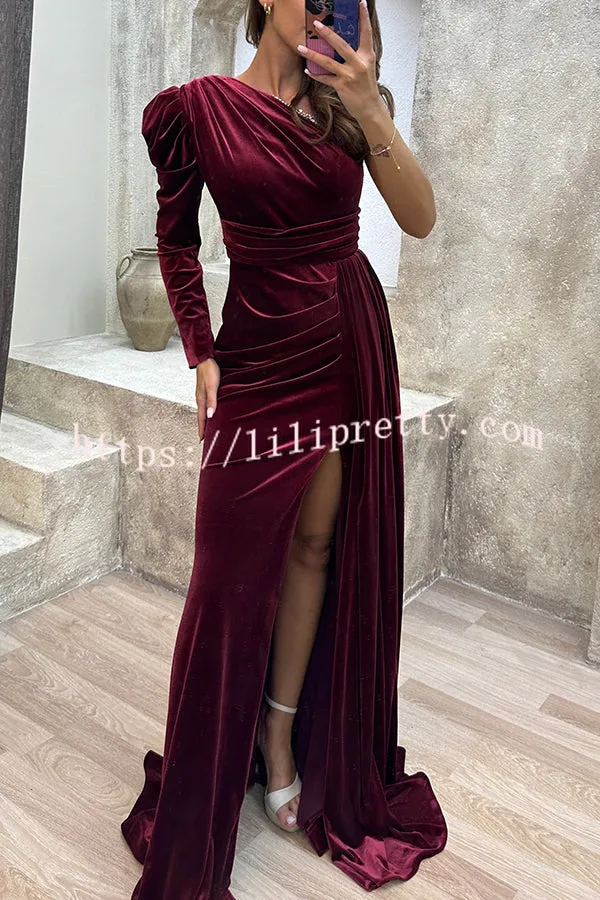 Mysterious Lady Velvet One Shoulder Sequin Trim Ruched Slit Maxi Dress