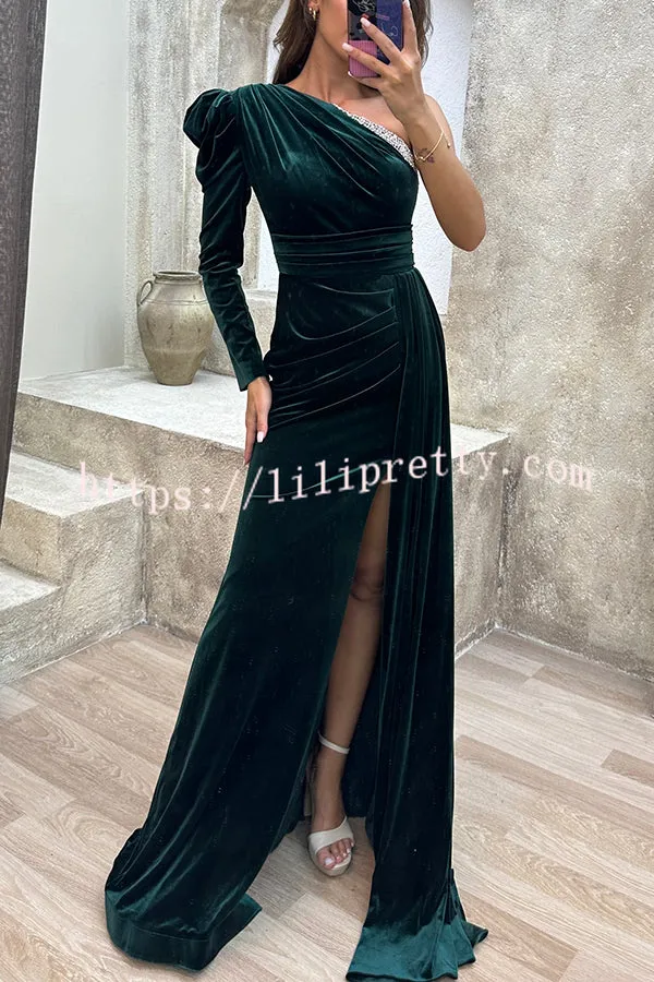 Mysterious Lady Velvet One Shoulder Sequin Trim Ruched Slit Maxi Dress