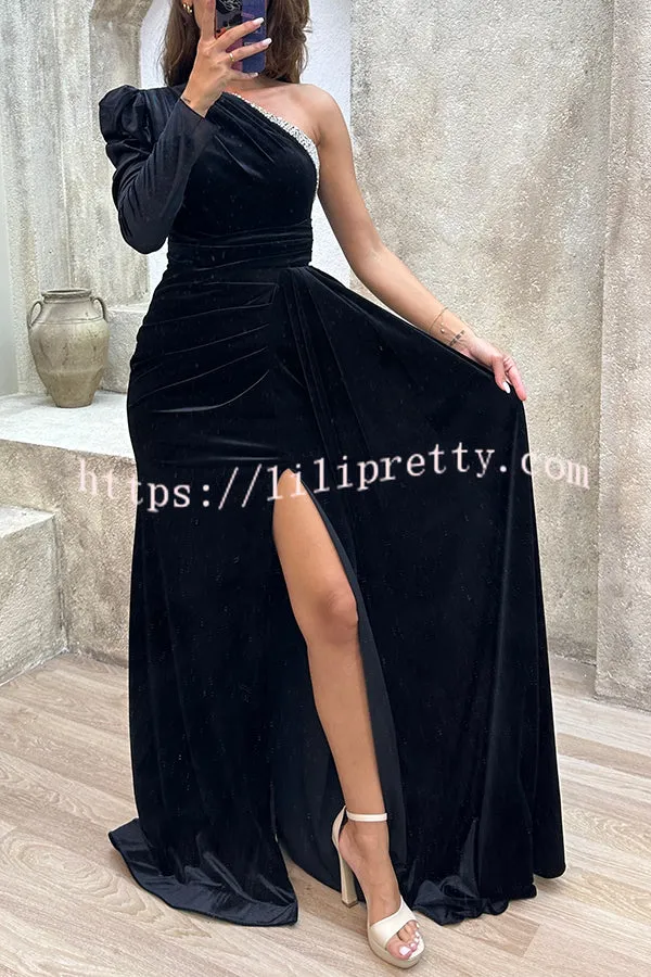 Mysterious Lady Velvet One Shoulder Sequin Trim Ruched Slit Maxi Dress