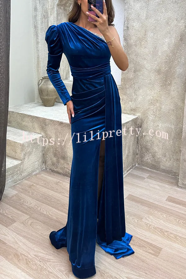 Mysterious Lady Velvet One Shoulder Sequin Trim Ruched Slit Maxi Dress