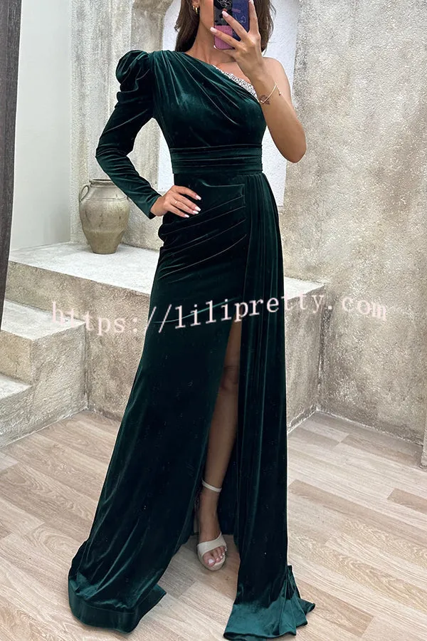 Mysterious Lady Velvet One Shoulder Sequin Trim Ruched Slit Maxi Dress