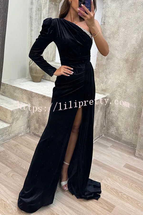 Mysterious Lady Velvet One Shoulder Sequin Trim Ruched Slit Maxi Dress