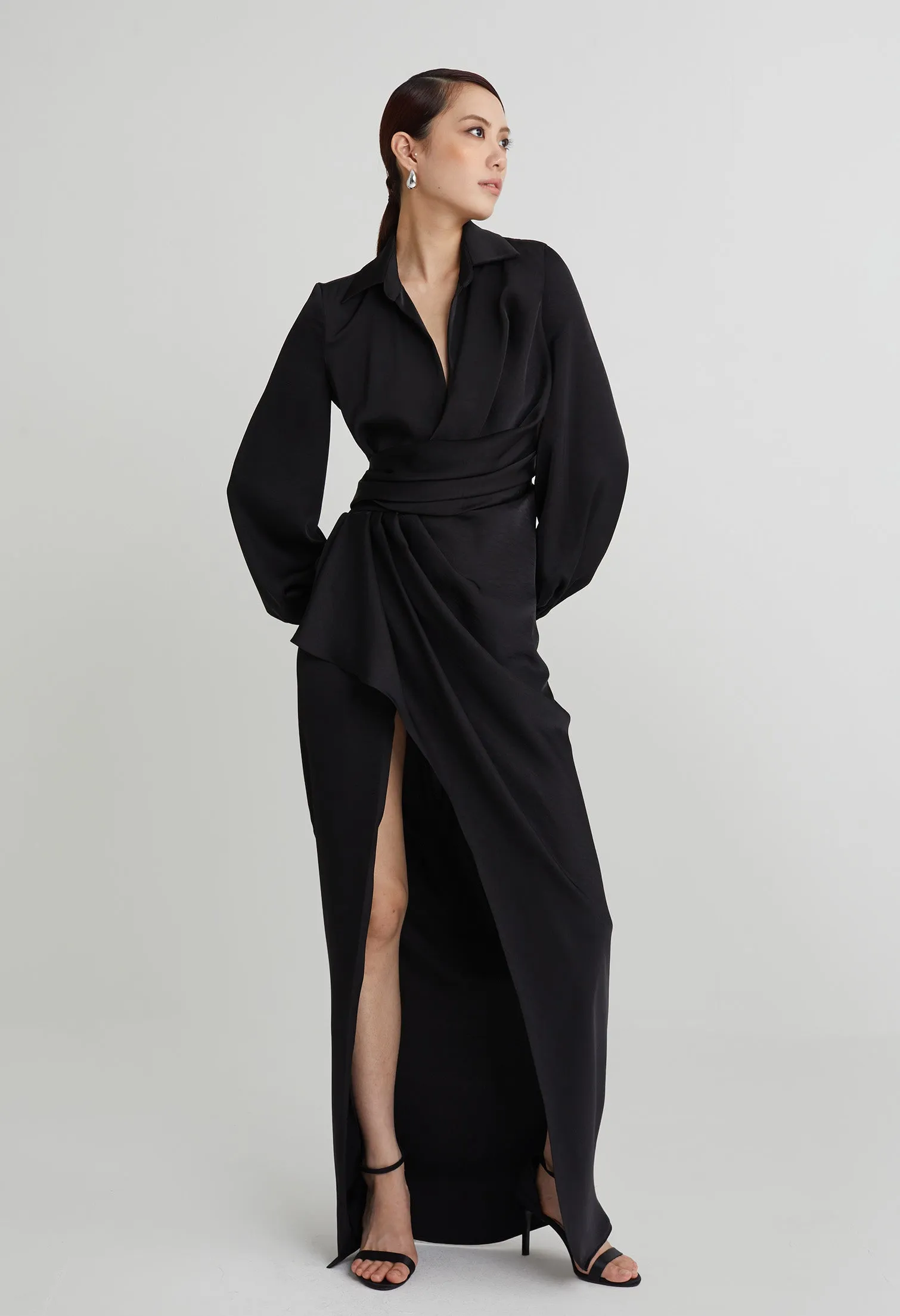 nichii X NURITA HARITH Draped 3-Button Cuff Sleeves Maxi Dress