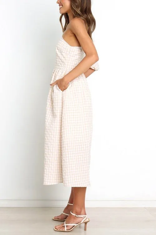 Plaid Puff One Shoulder Midi Dress