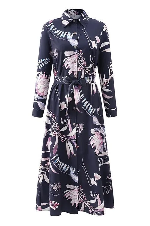 Print Button Bleted Long Sleeve Shirt Dress