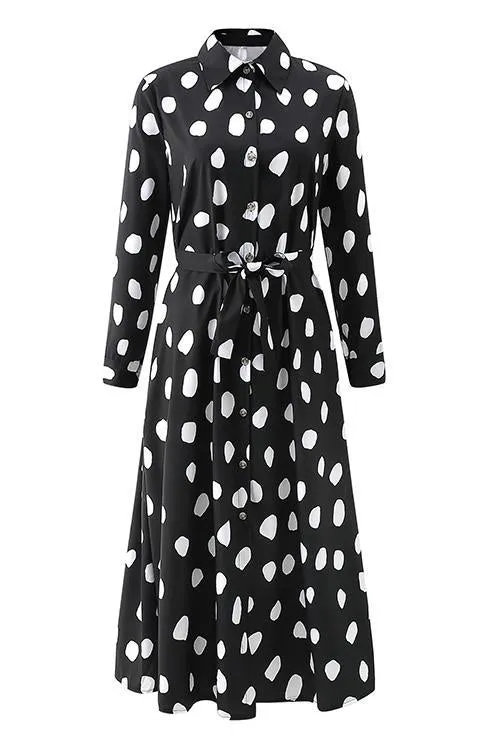 Print Button Bleted Long Sleeve Shirt Dress