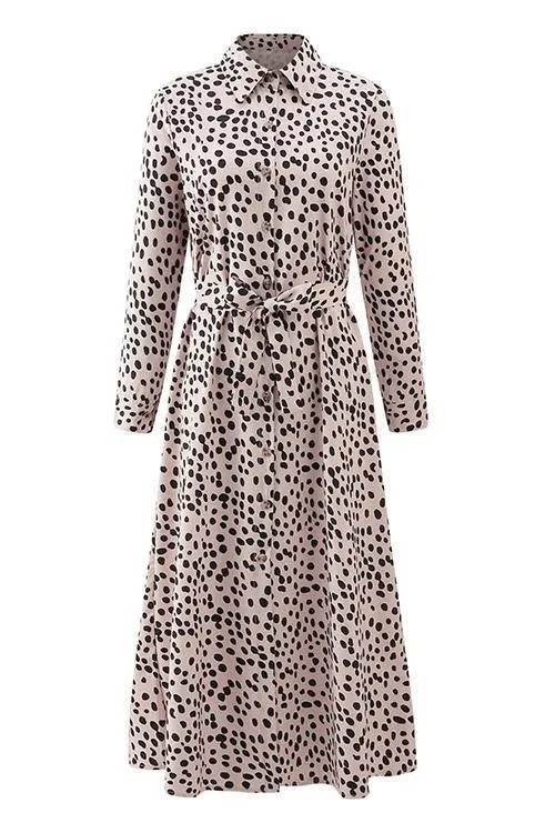 Print Button Bleted Long Sleeve Shirt Dress