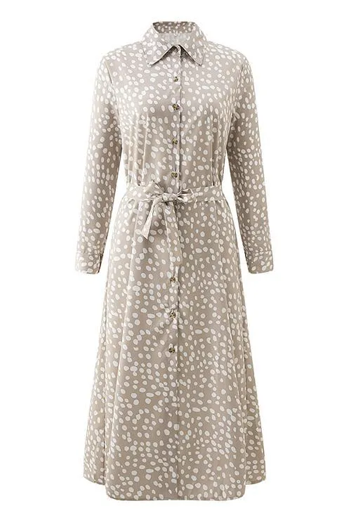 Print Button Bleted Long Sleeve Shirt Dress