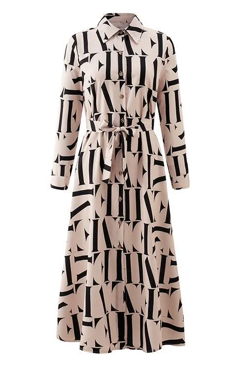 Print Button Bleted Long Sleeve Shirt Dress