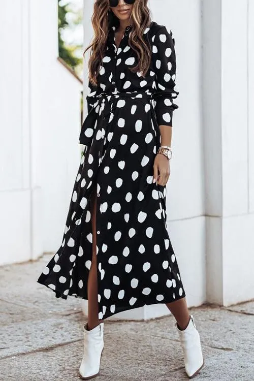 Print Button Bleted Long Sleeve Shirt Dress