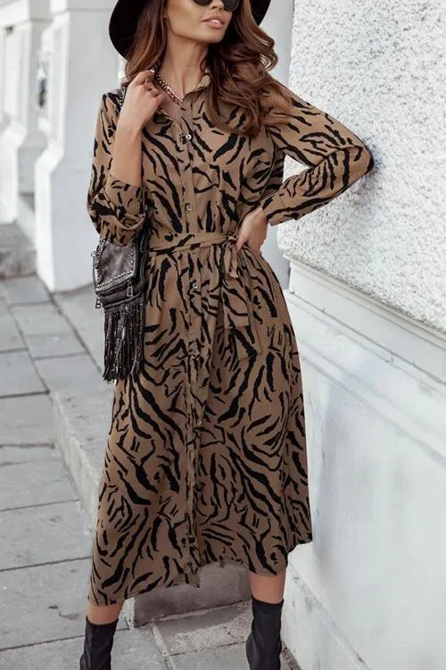 Print Button Bleted Long Sleeve Shirt Dress