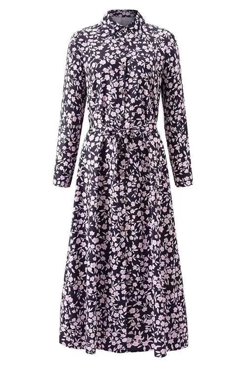 Print Button Bleted Long Sleeve Shirt Dress