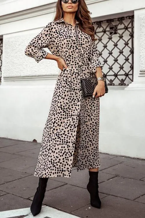 Print Button Bleted Long Sleeve Shirt Dress