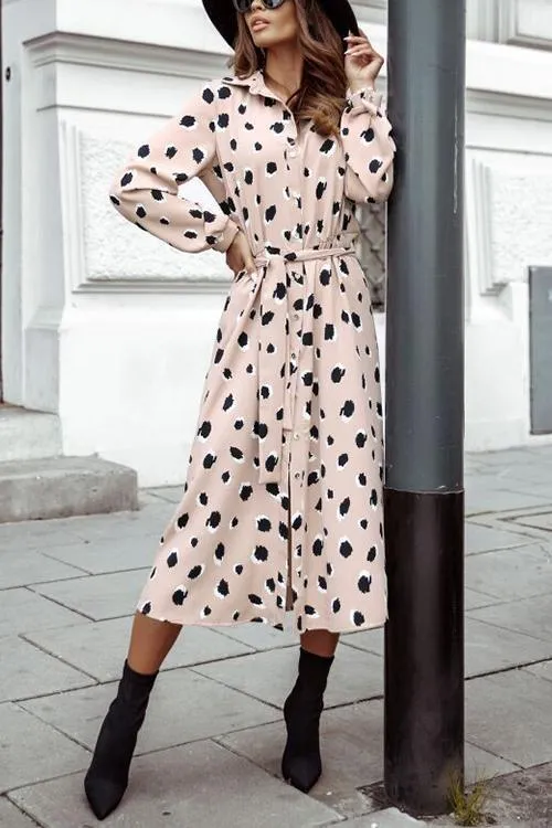 Print Button Bleted Long Sleeve Shirt Dress