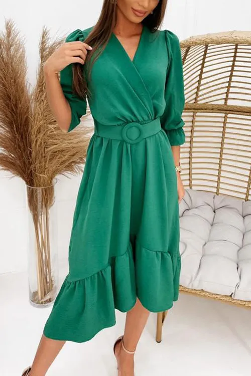 Ruffles V Neck Half Sleeve Dress