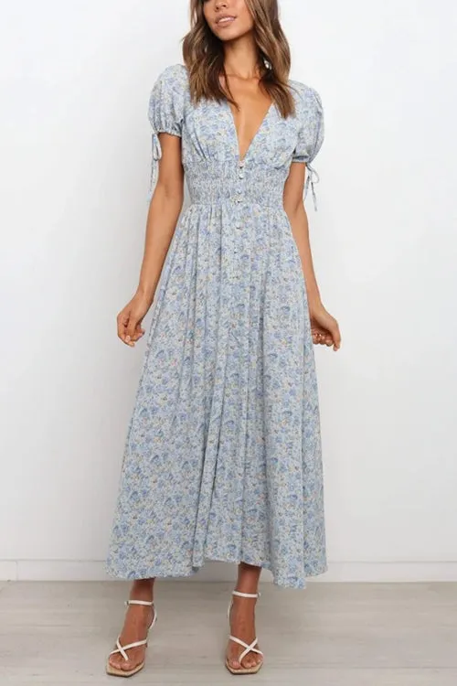 Shirred Waist V Neck Maxi Dress