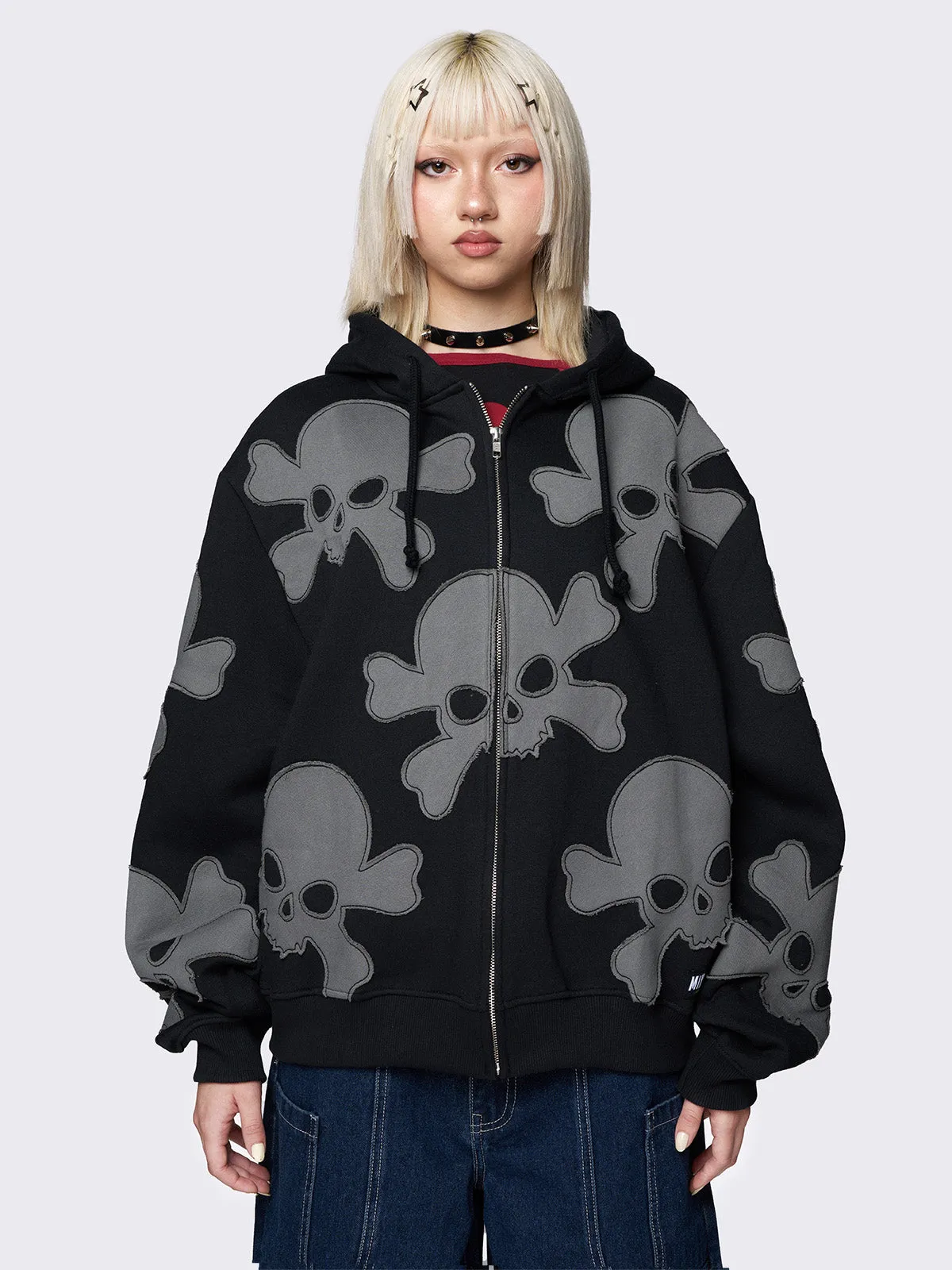 Skull Craft Patch Oversized Zip Up Hoodie