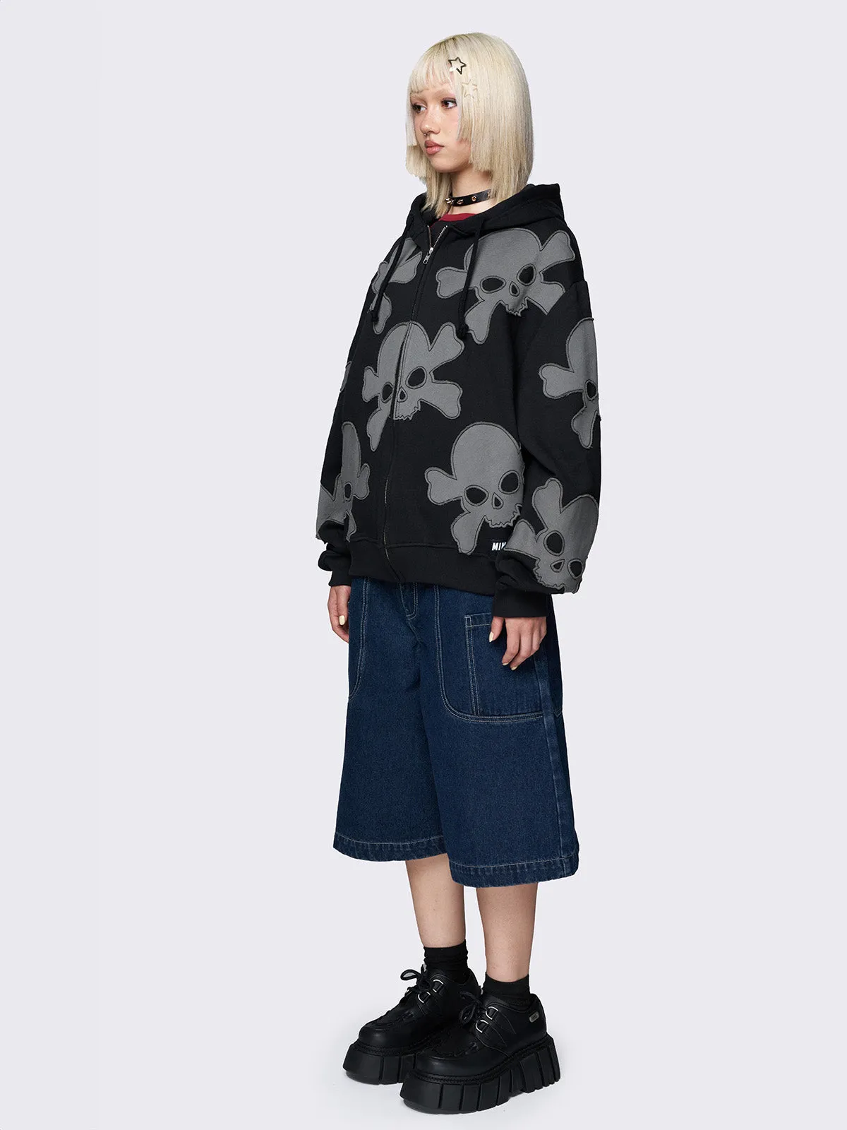 Skull Craft Patch Oversized Zip Up Hoodie