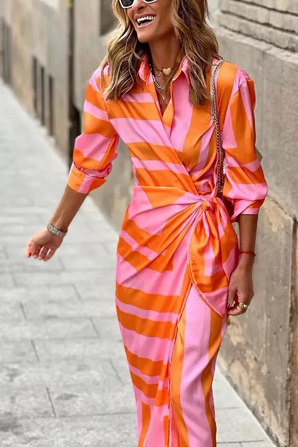 Stripe Knot Shirt Collat Midi Wrap Dress