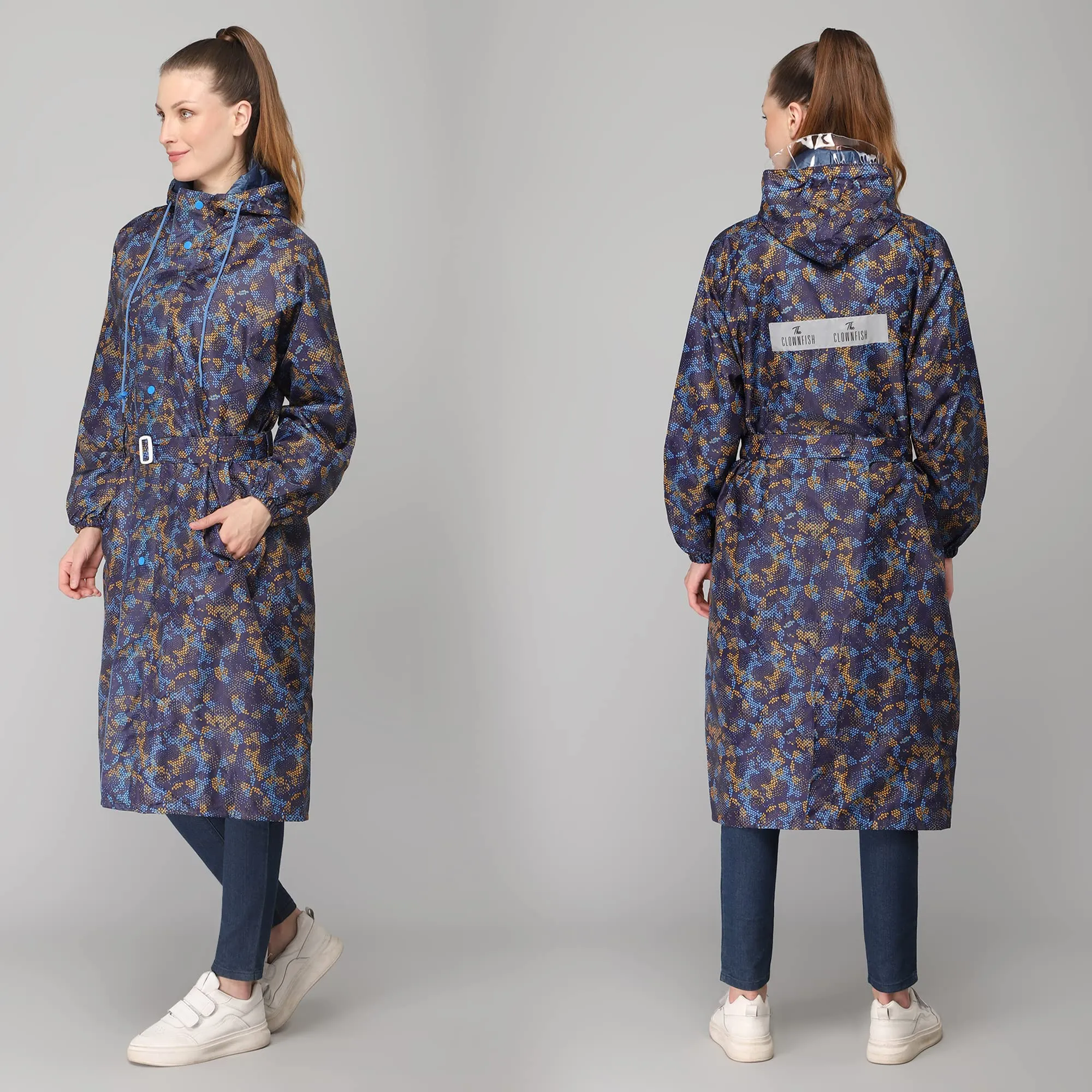 THE CLOWNFISH Juliet Series Raincoats for Women Rain Coat for Women Raincoat for Ladies Waterproof Reversible Double Layer Longcoat with Printed Plastic Pouch (Blue, XXL)