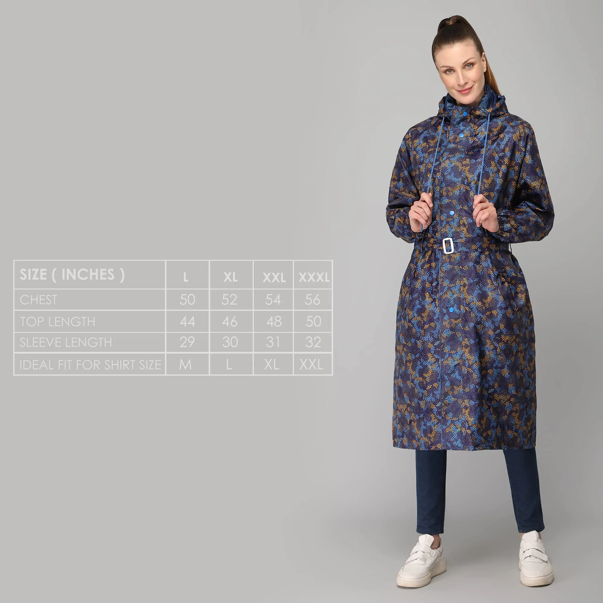 THE CLOWNFISH Juliet Series Raincoats for Women Rain Coat for Women Raincoat for Ladies Waterproof Reversible Double Layer Longcoat with Printed Plastic Pouch (Blue, XXL)