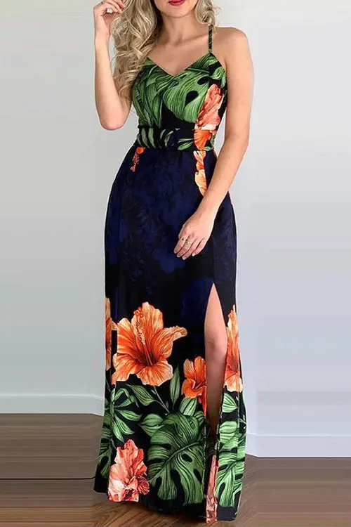 Tropical Print Slit Crisscross Backless Maxi Dress