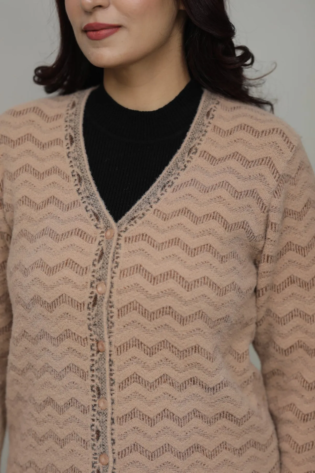 Woolen V-Neck Cardigan with Front Buttons